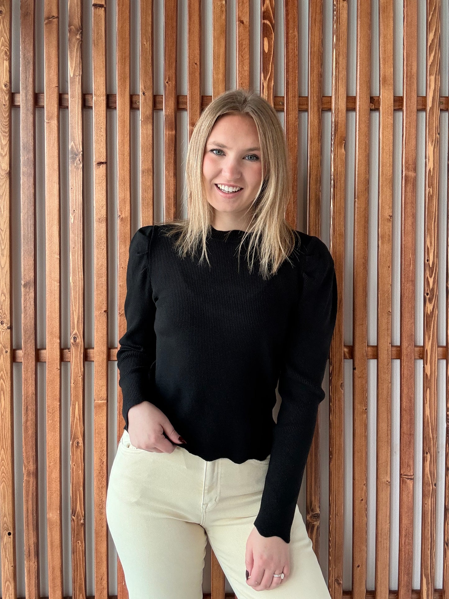 Ribbed Puff Sleeve Sweater - Black