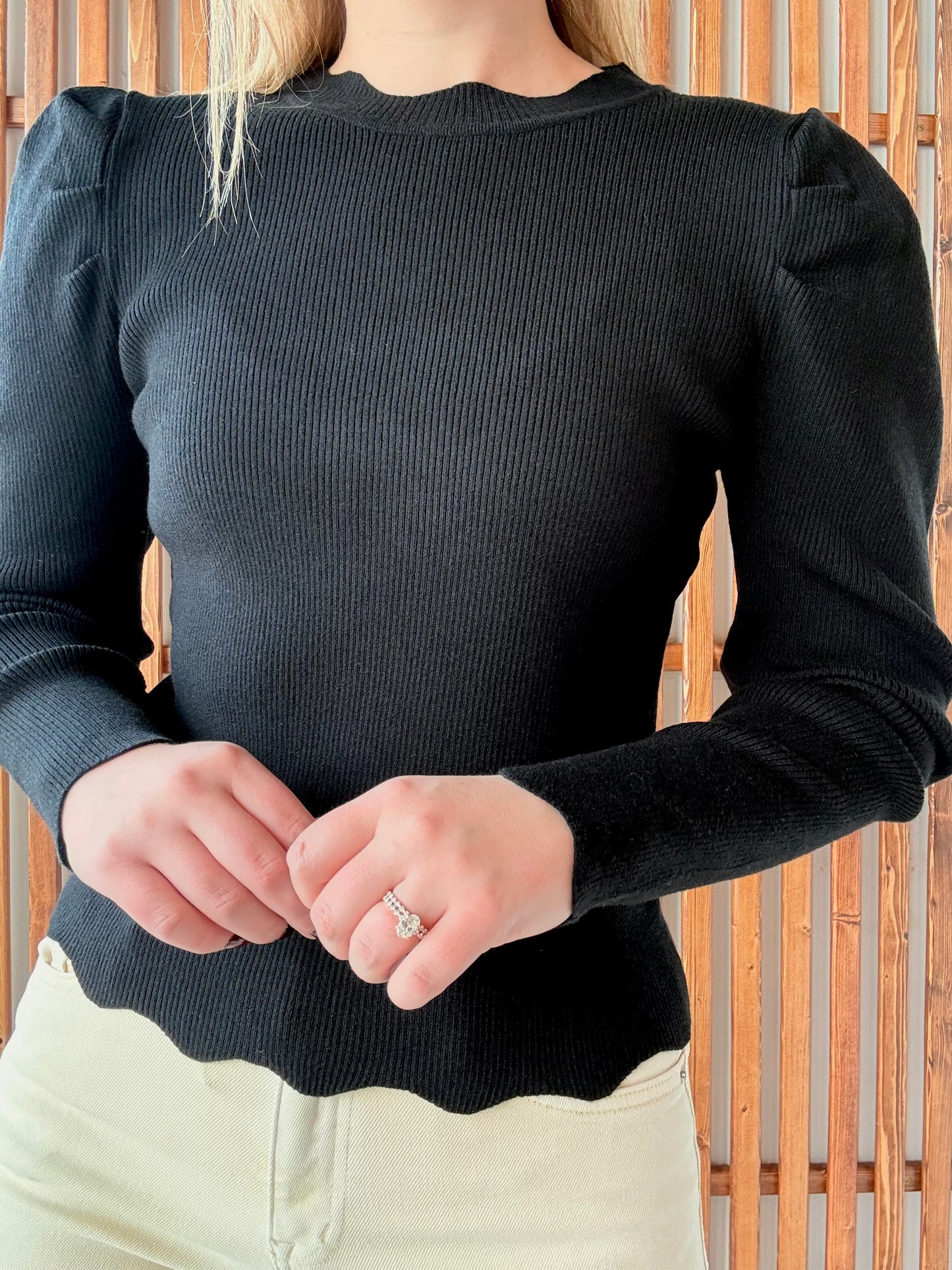 Ribbed Puff Sleeve Sweater - Black