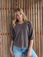 Brown Ribbed Puff Sleeve Top