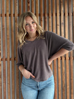 Brown Ribbed Puff Sleeve Top