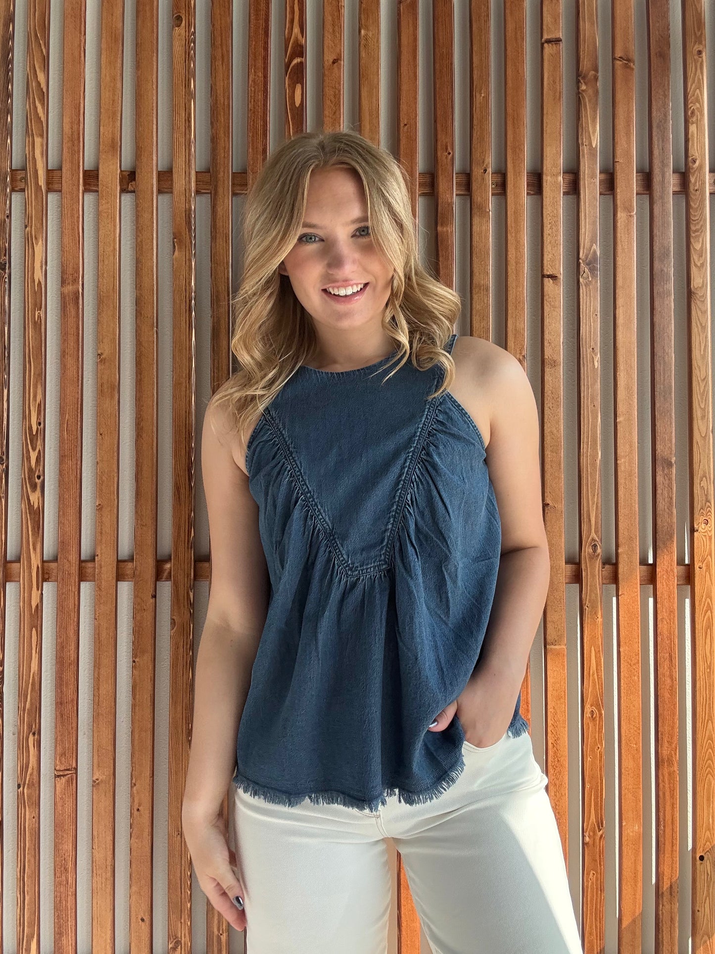 Tencel Chambray Shirred Swing Tank