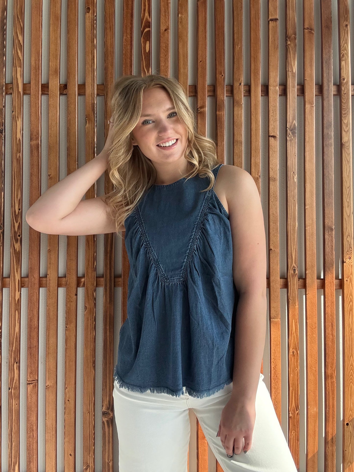 Tencel Chambray Shirred Swing Tank