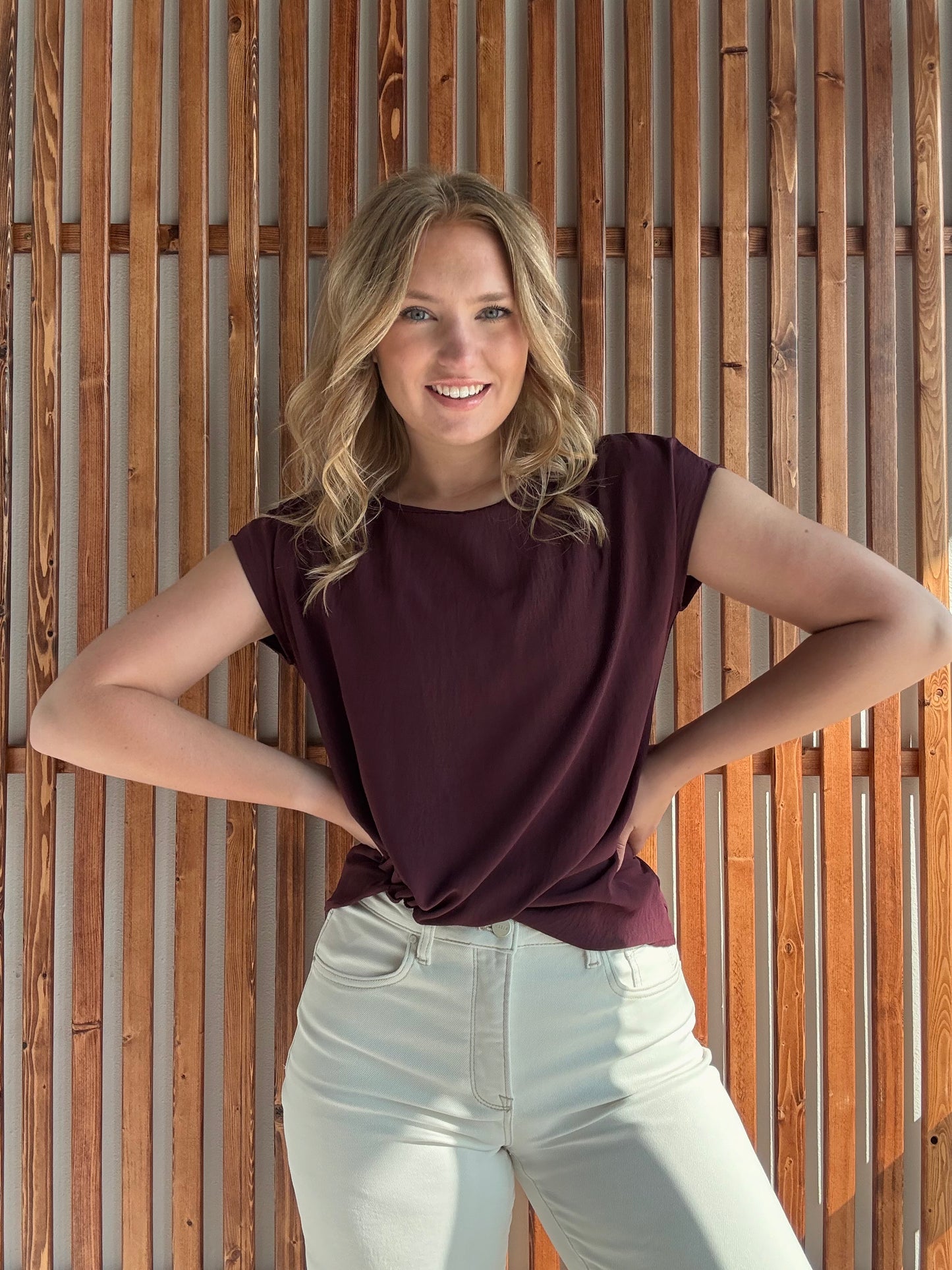 Raisin Solid Woven Tee with Front Knot Detail