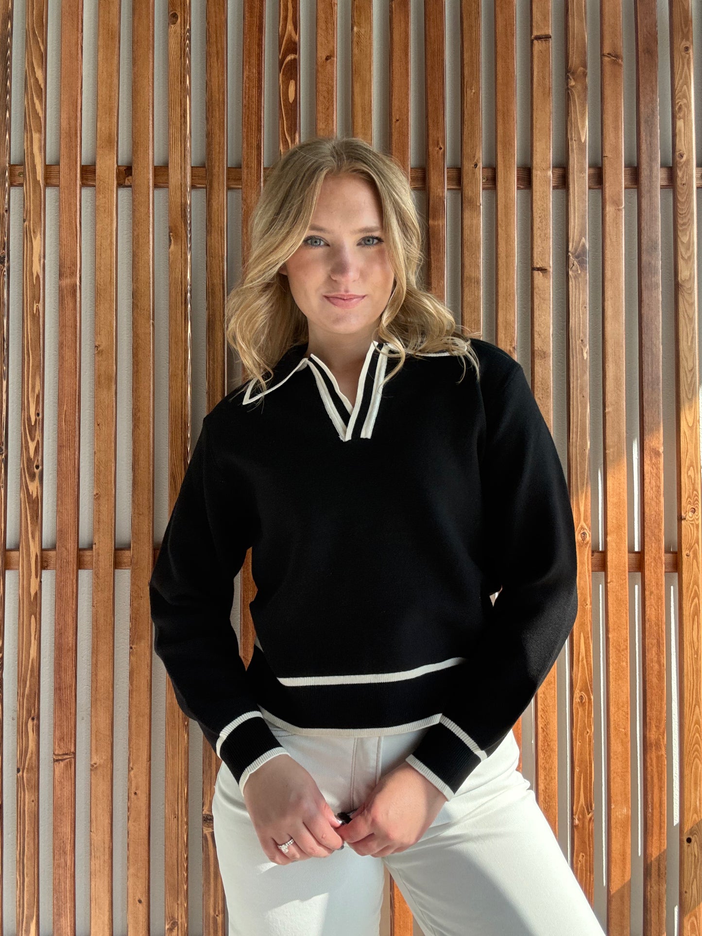 Line Edge Accent Polo Sweater Top - Black