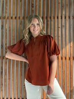 Short Puff Sleeve Mock V-Neck Top - Caramel