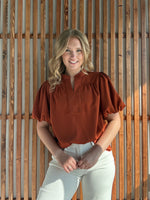 Short Puff Sleeve Mock V-Neck Top - Caramel