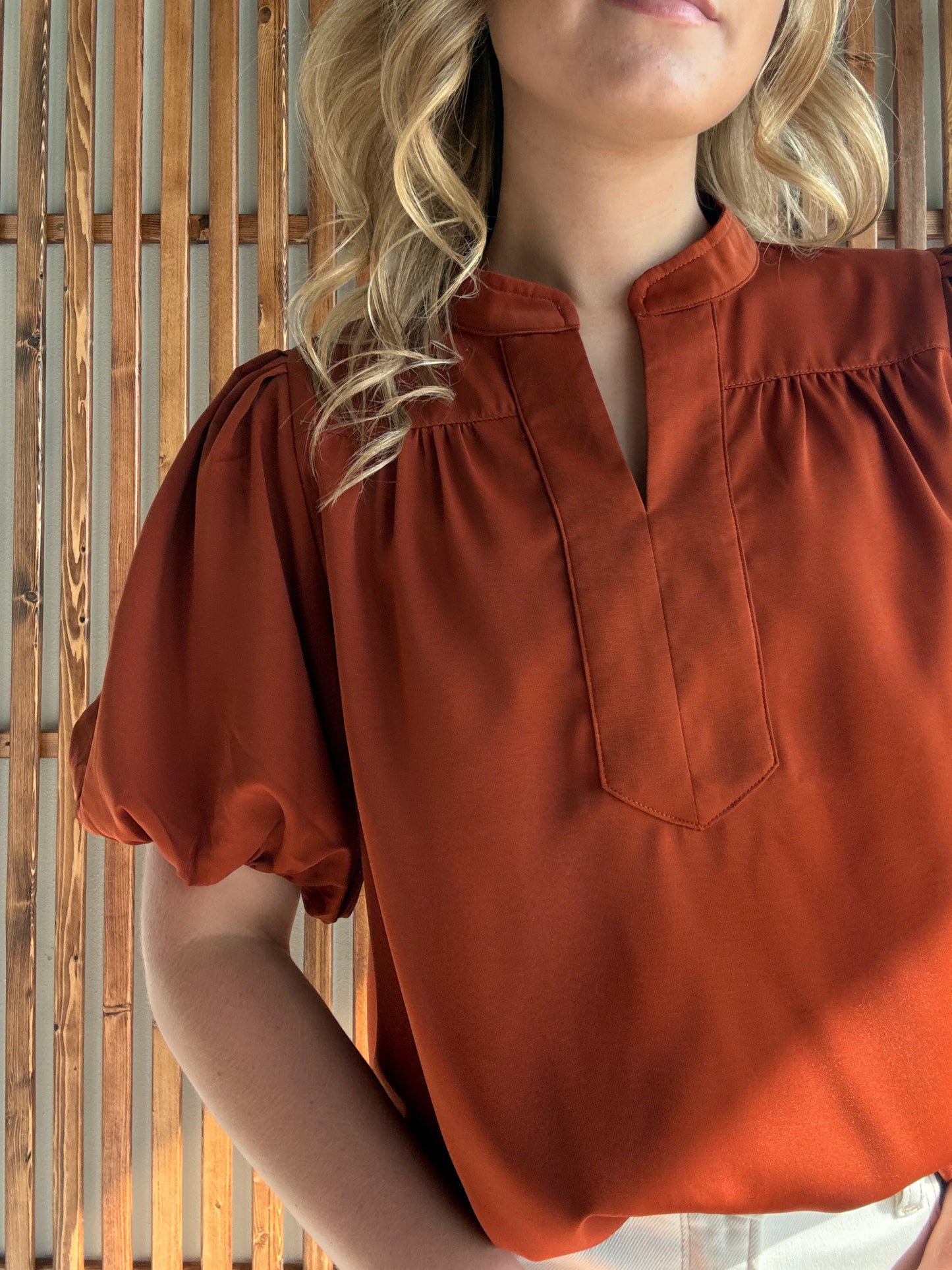 Short Puff Sleeve Mock V-Neck Top - Caramel
