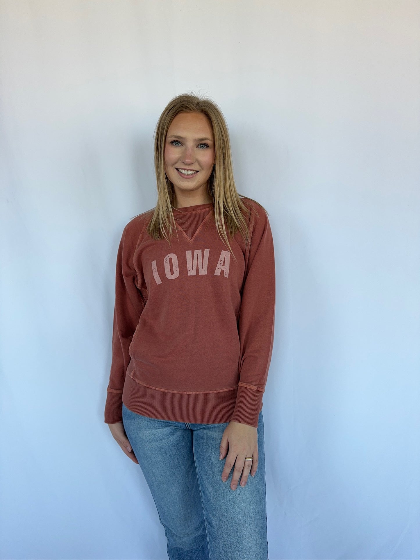 IOWA Distressed Pocket Sweatshirt-Rust - FINAL SALE