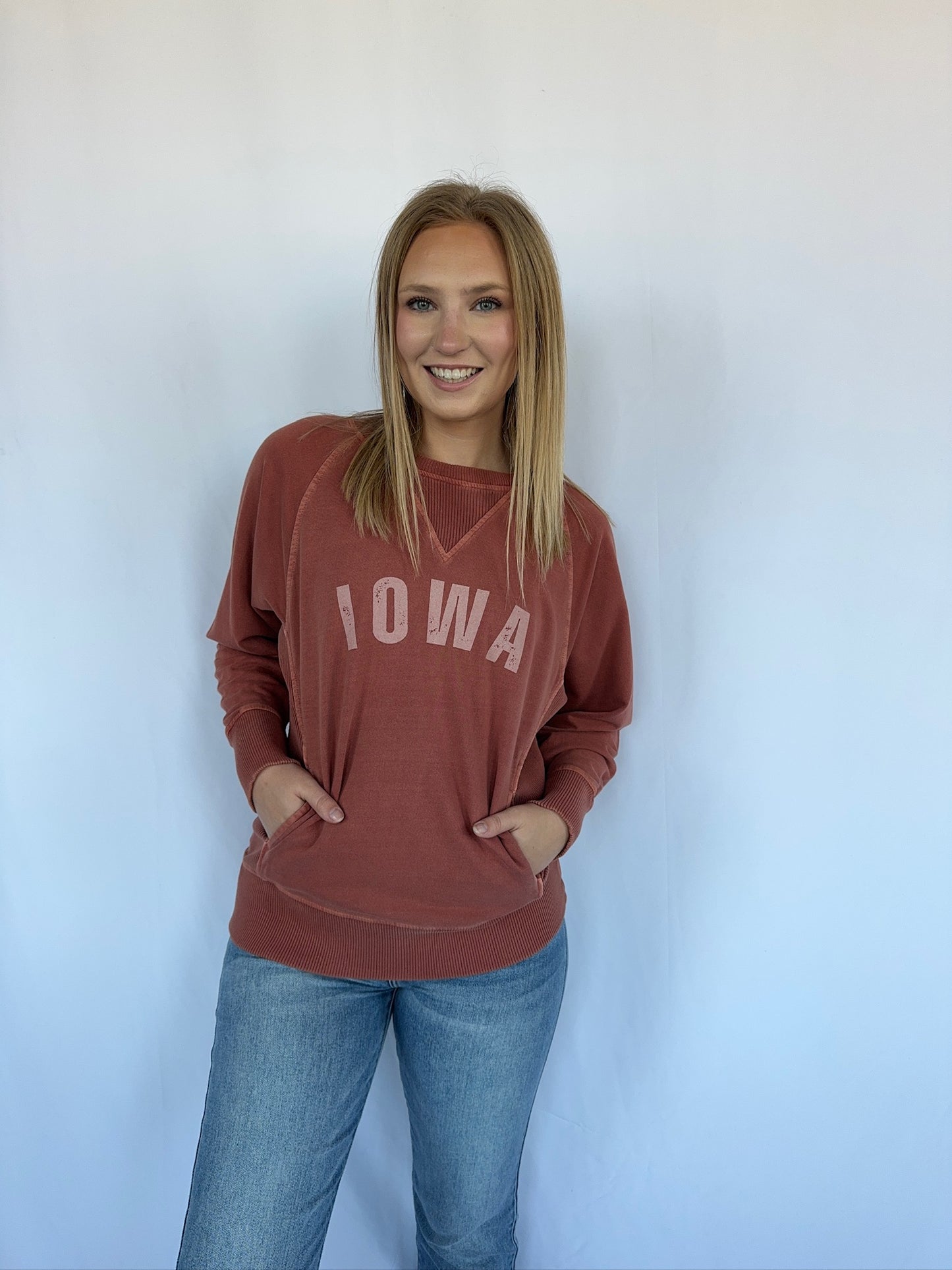 IOWA Distressed Pocket Sweatshirt-Rust - FINAL SALE