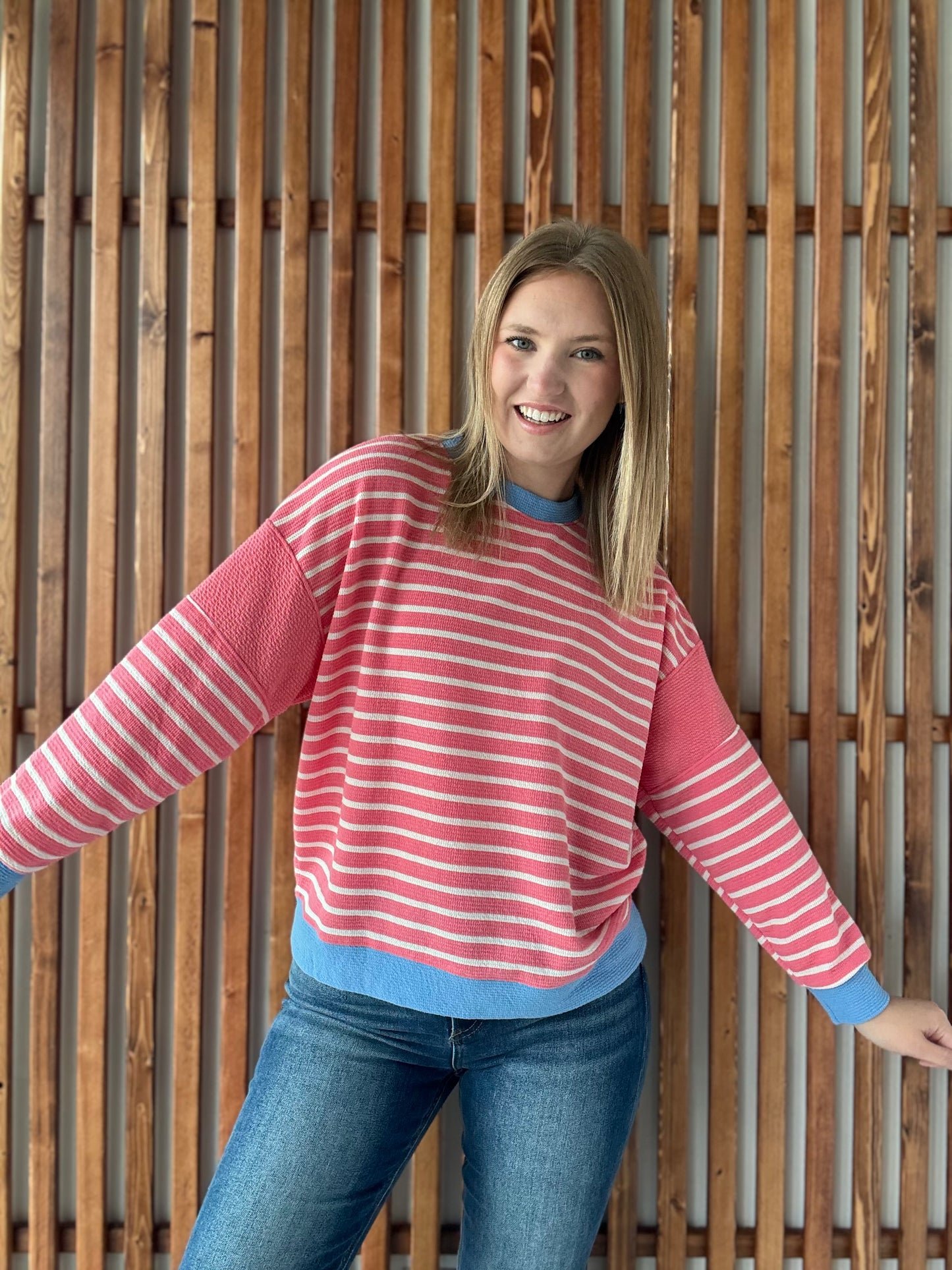Long Sleeve Cloudy Knit Stripe - Pink Berry/Blue
