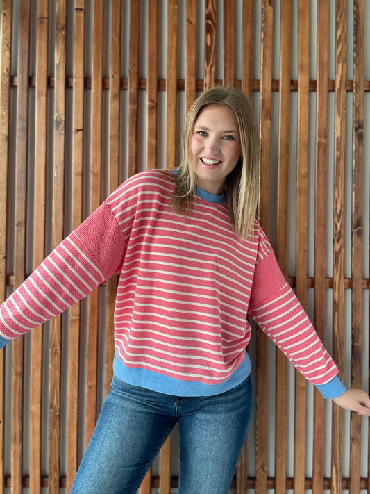 Long Sleeve Cloudy Knit Stripe - Pink Berry/Blue