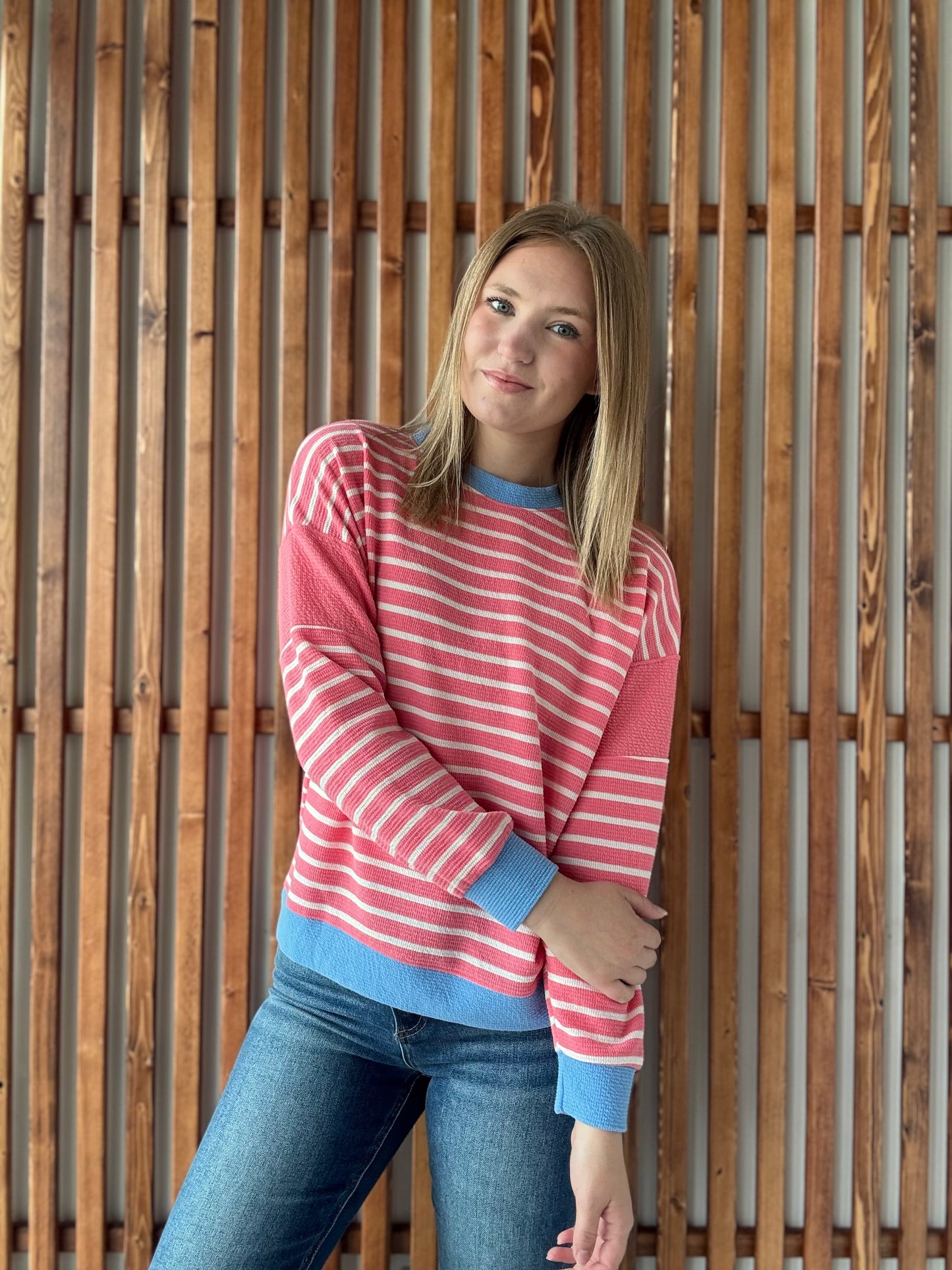 Long Sleeve Cloudy Knit Stripe - Pink Berry/Blue