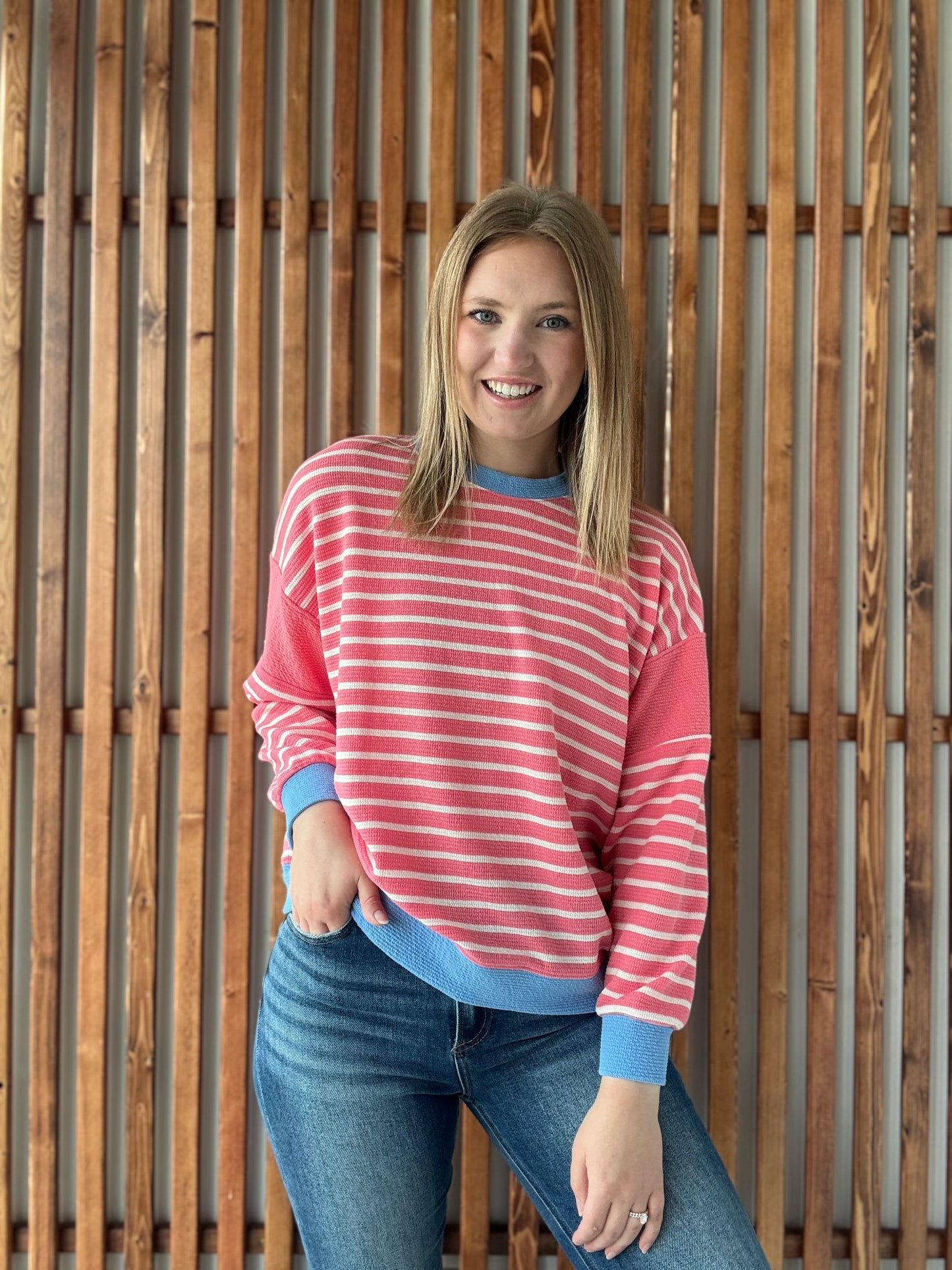 Long Sleeve Cloudy Knit Stripe - Pink Berry/Blue