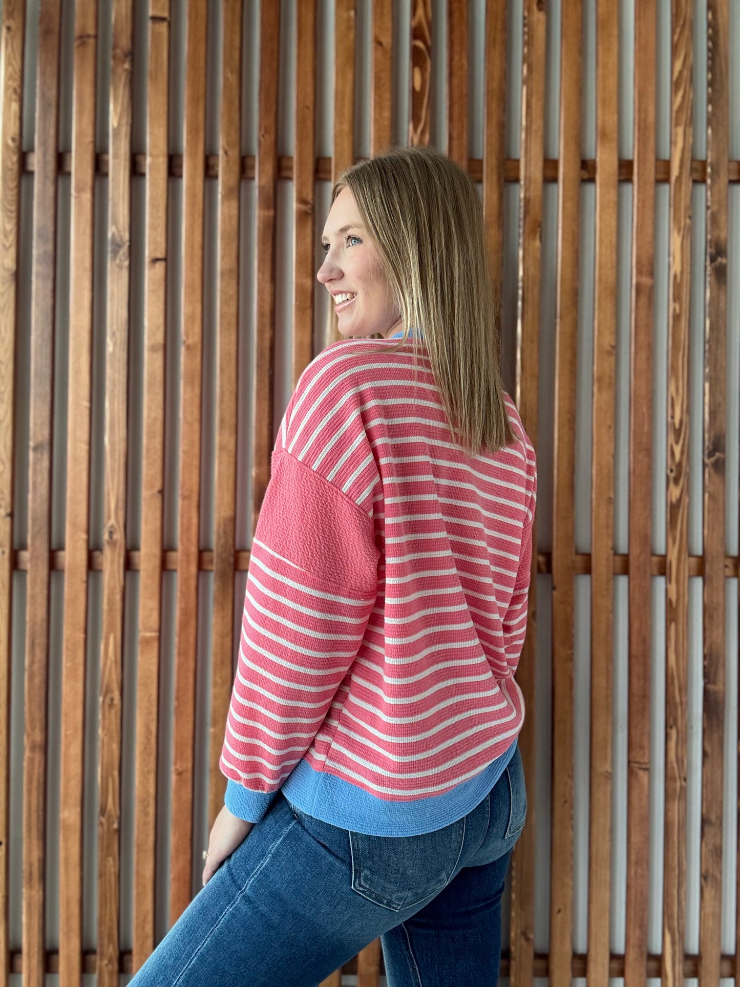 Long Sleeve Cloudy Knit Stripe - Pink Berry/Blue