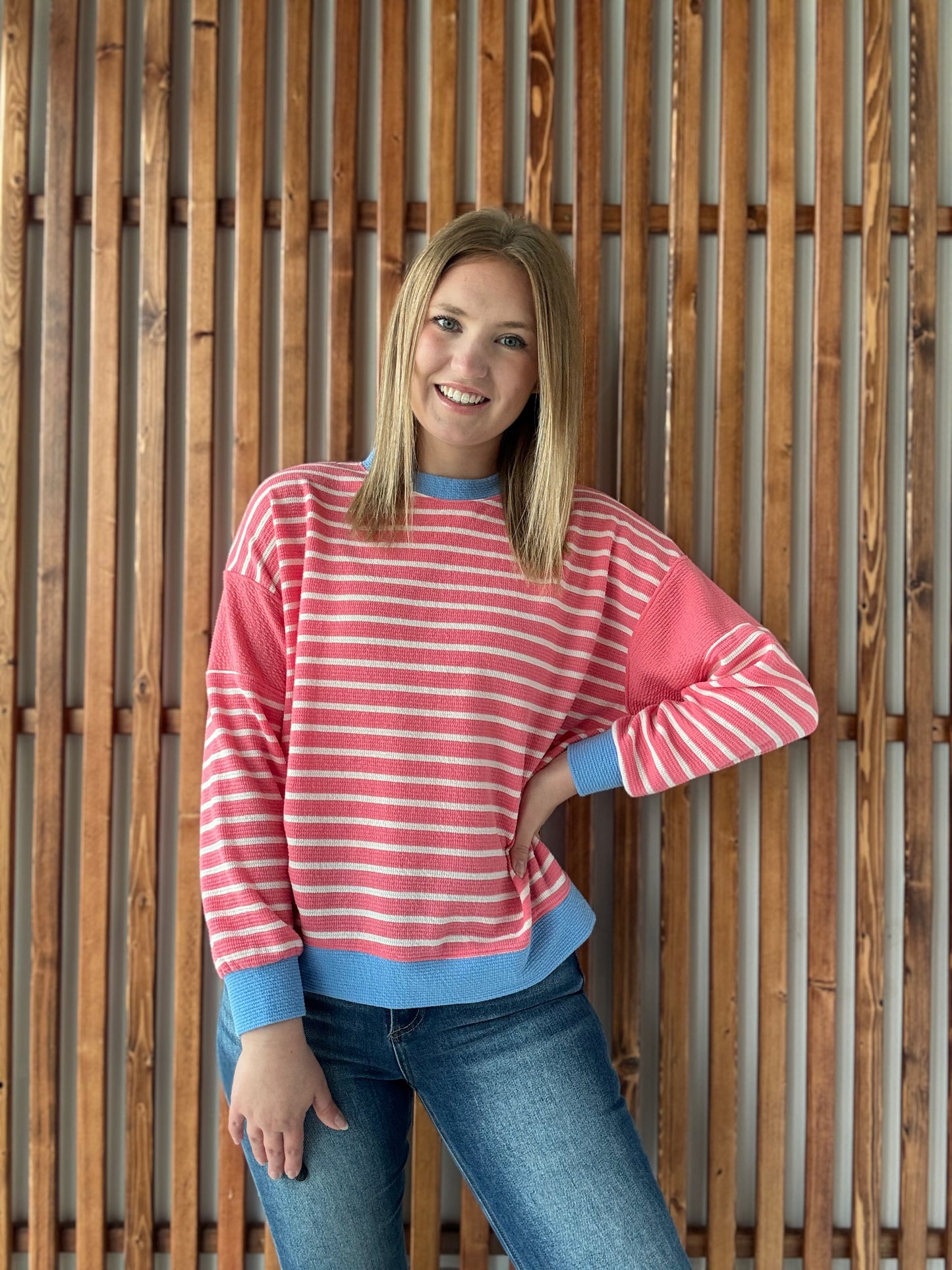 Long Sleeve Cloudy Knit Stripe - Pink Berry/Blue