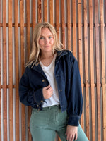 High Collar Dark Denim Bomber Jacket