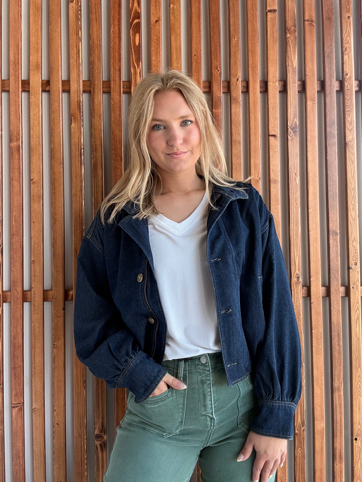 High Collar Dark Denim Bomber Jacket