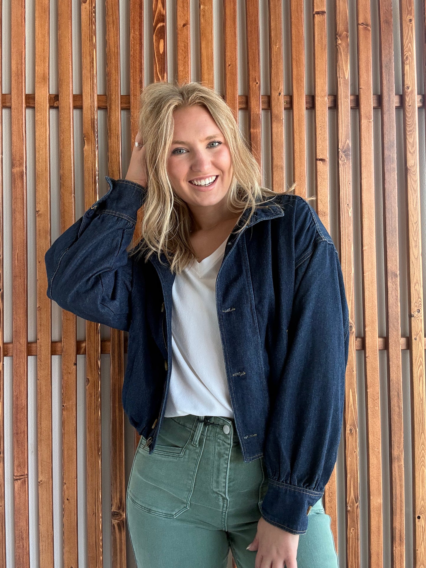 High Collar Dark Denim Bomber Jacket