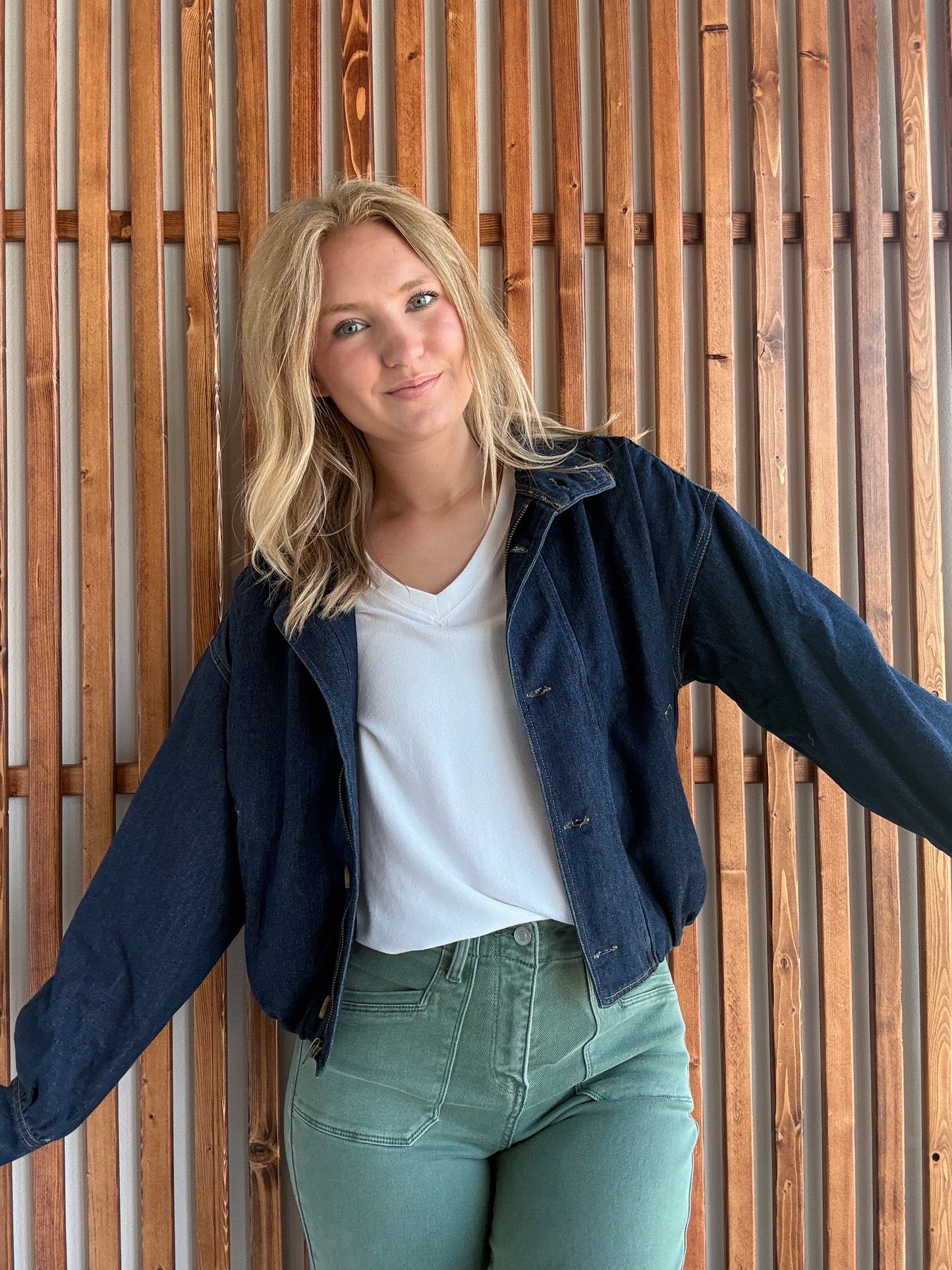 High Collar Dark Denim Bomber Jacket