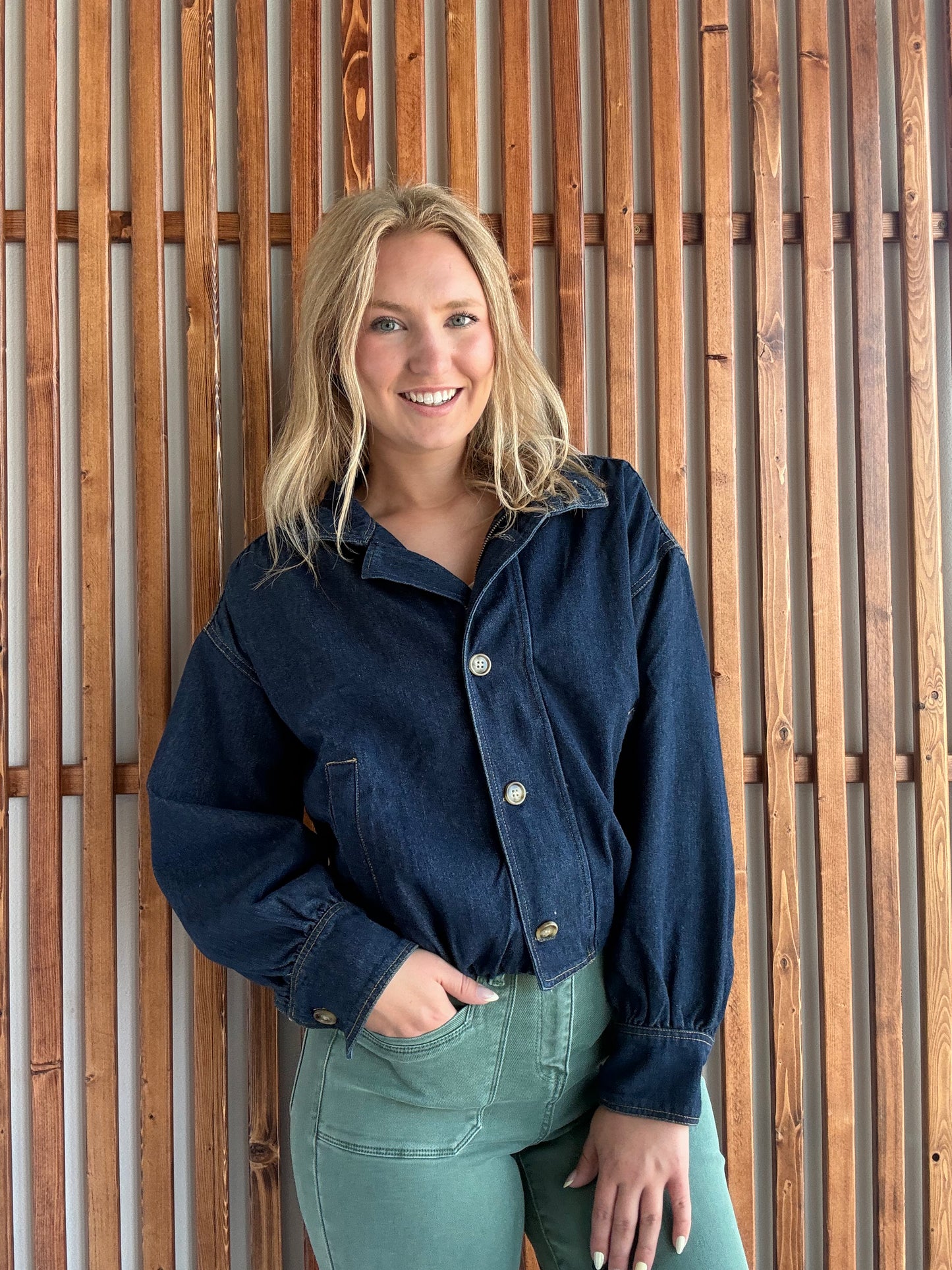 High Collar Dark Denim Bomber Jacket