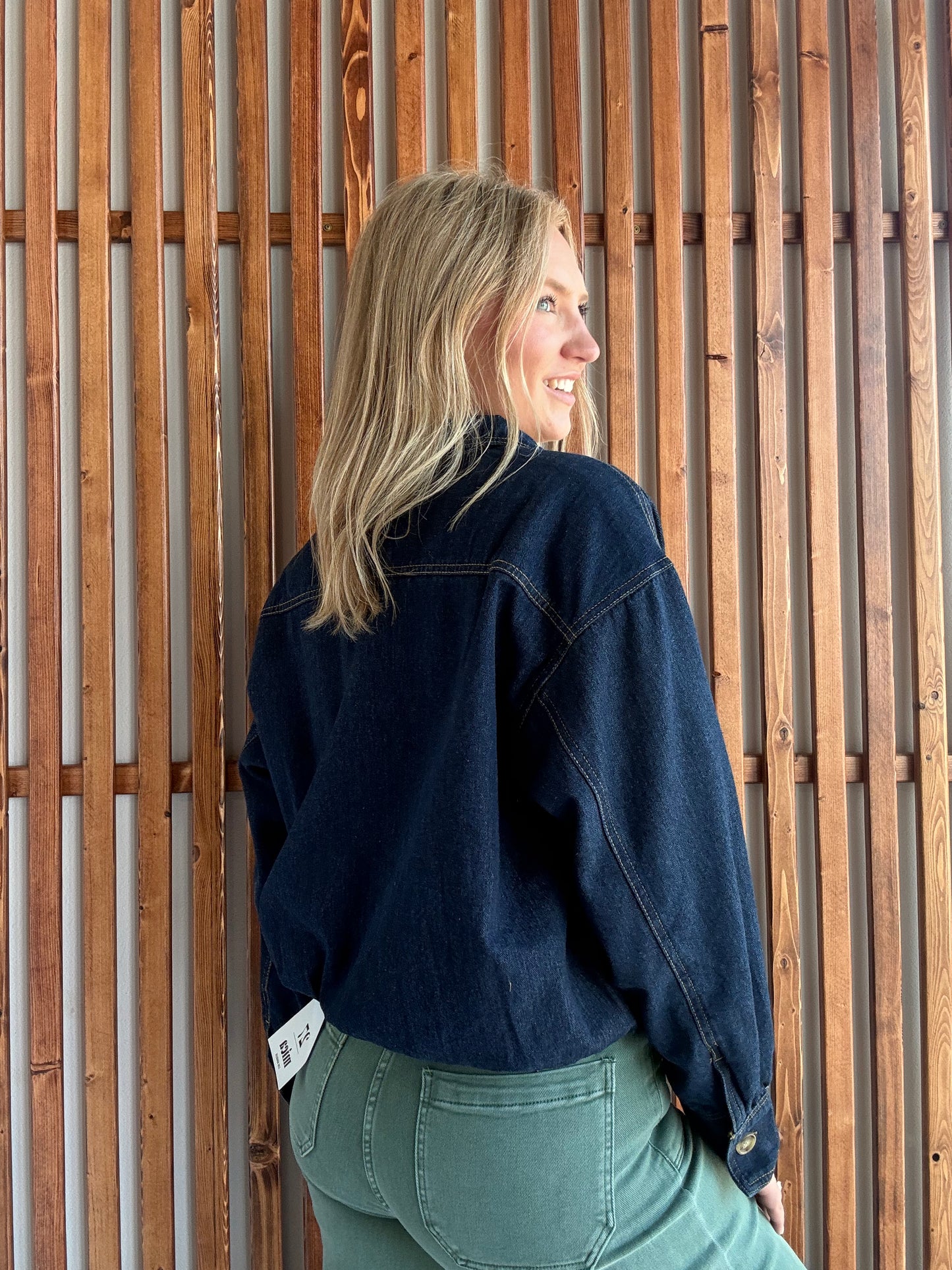 High Collar Dark Denim Bomber Jacket