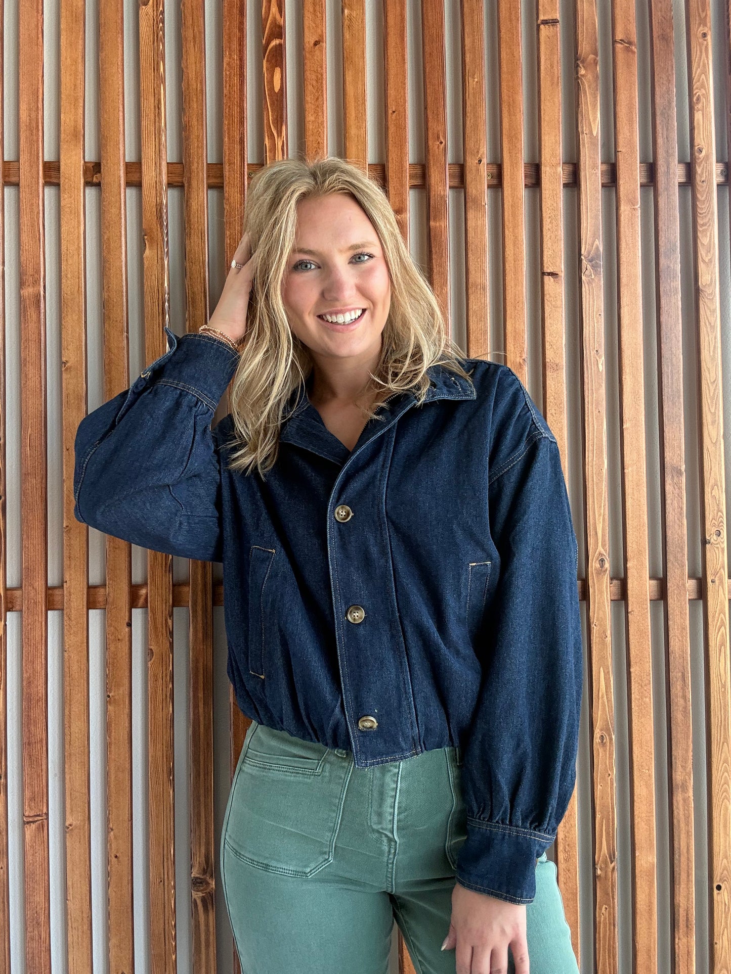 High Collar Dark Denim Bomber Jacket