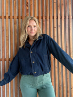 High Collar Dark Denim Bomber Jacket