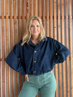 High Collar Dark Denim Bomber Jacket