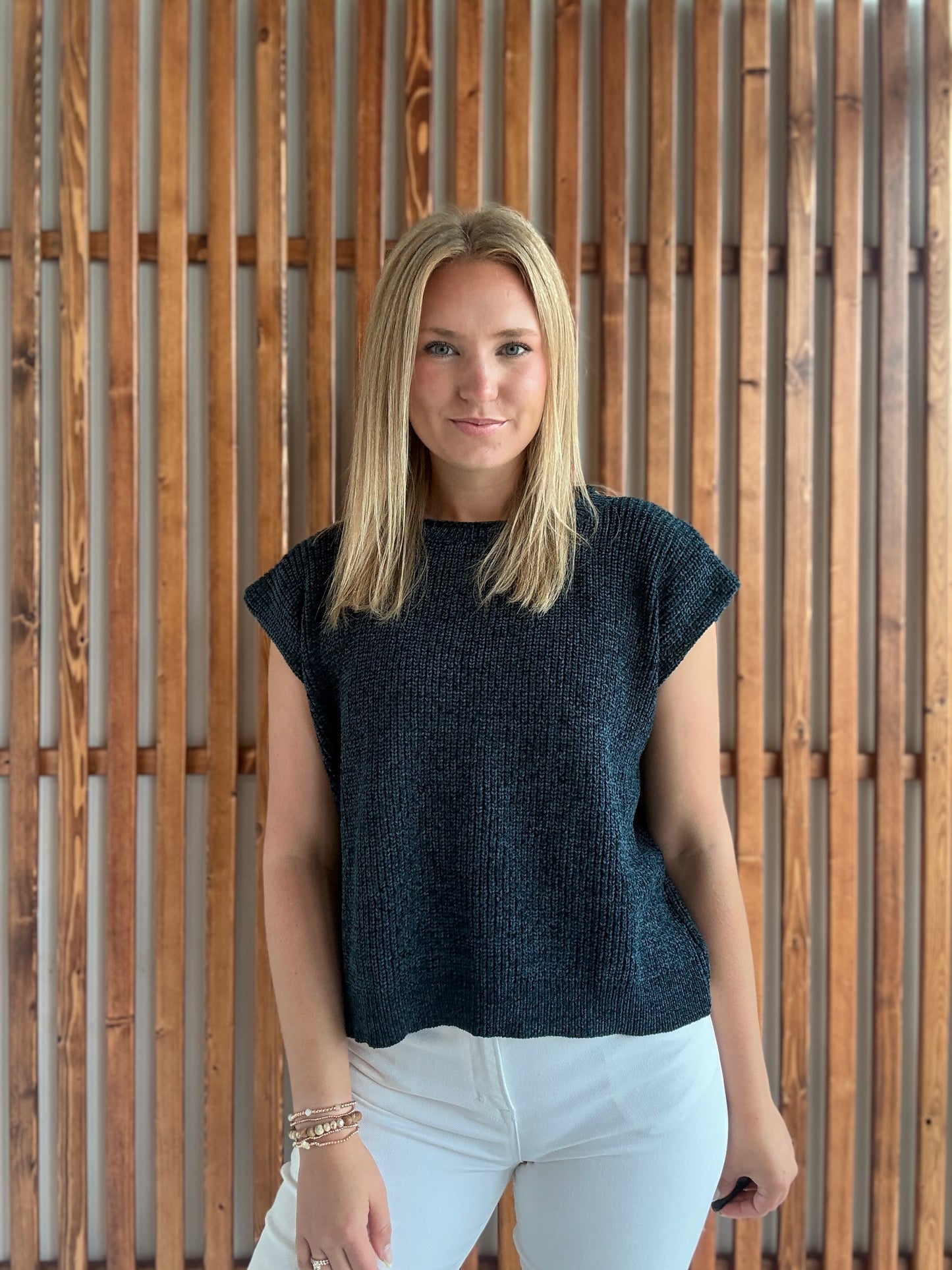 Chenille Cap Sleeve Top: Navy