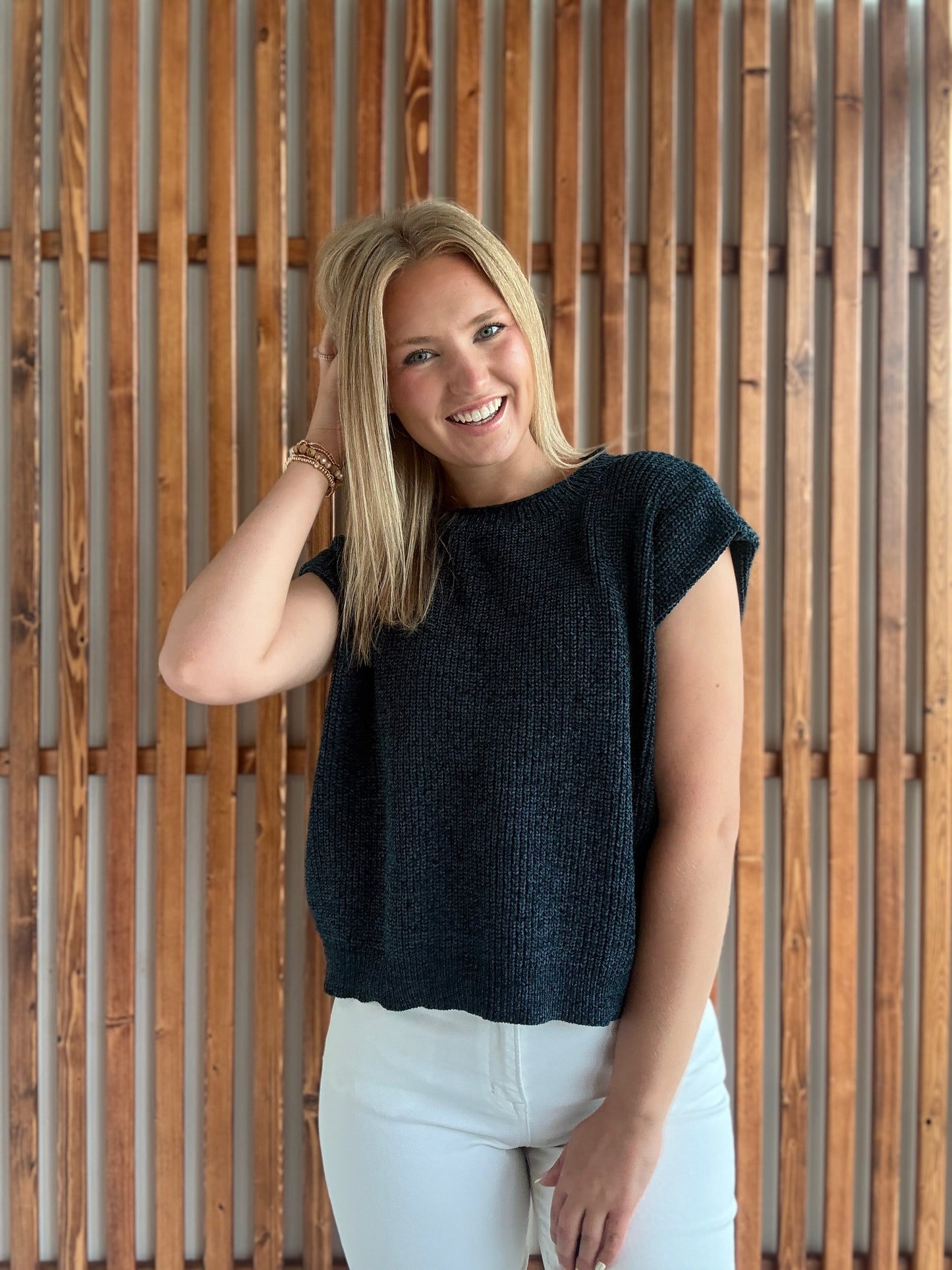 Chenille Cap Sleeve Top: Navy