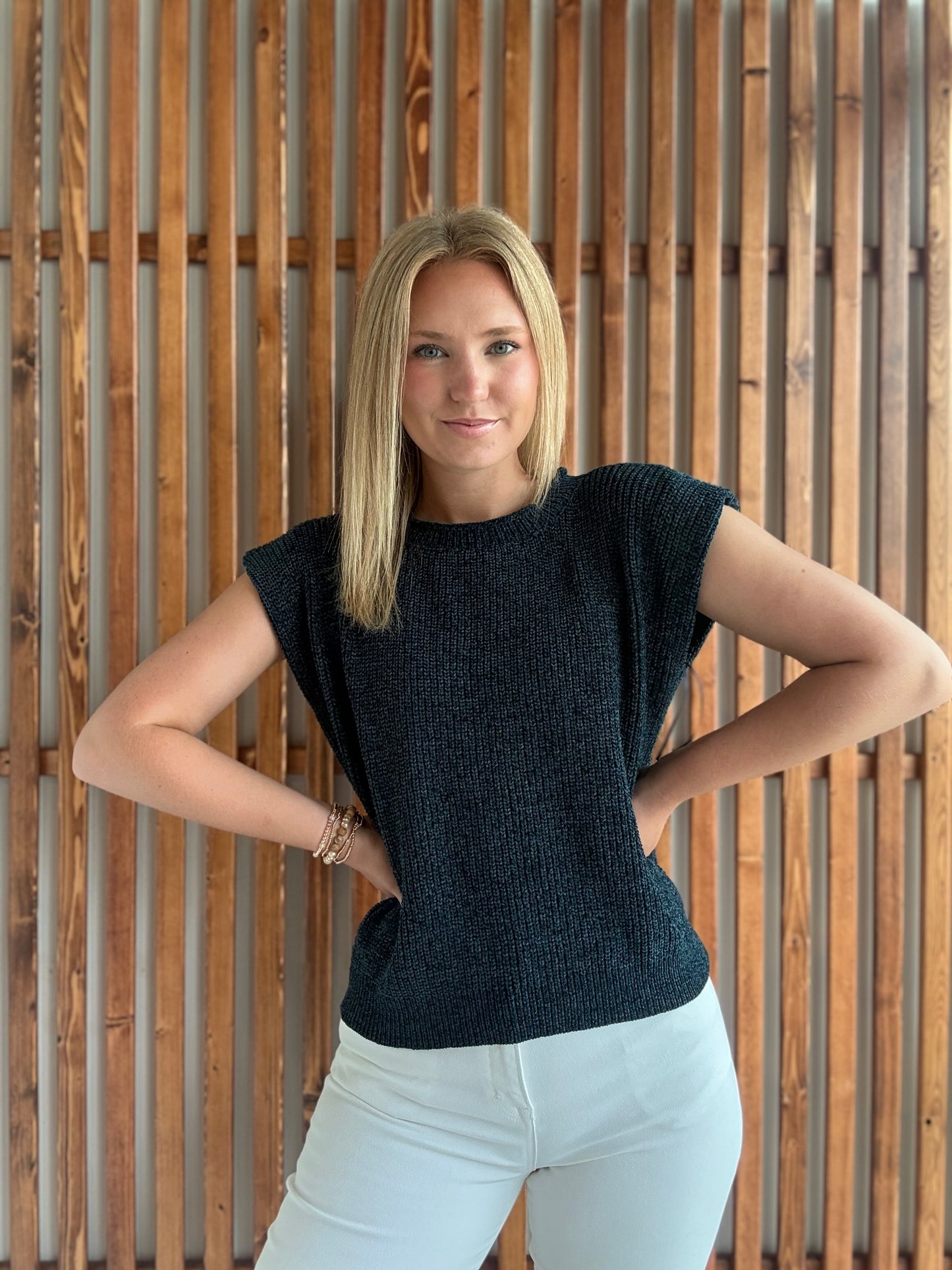 Chenille Cap Sleeve Top: Navy