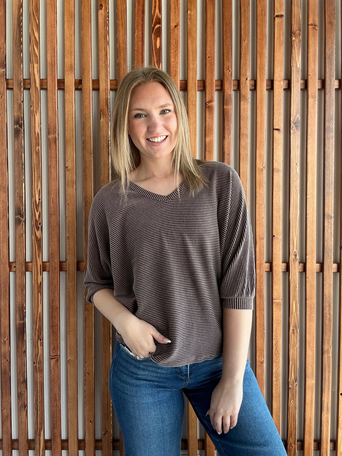 Ribbed Puffy Sleeve Top - Brown