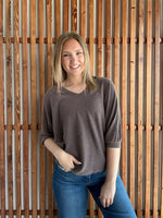 Ribbed Puffy Sleeve Top - Brown