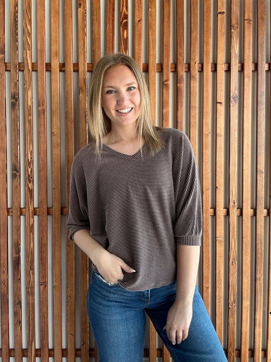 Ribbed Puffy Sleeve Top - Brown