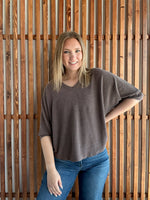 Ribbed Puffy Sleeve Top - Brown
