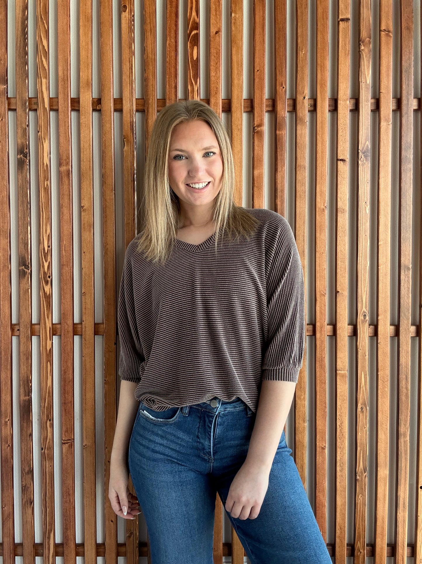 Ribbed Puffy Sleeve Top - Brown