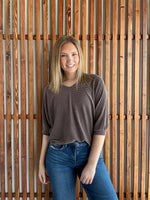 Ribbed Puffy Sleeve Top - Brown
