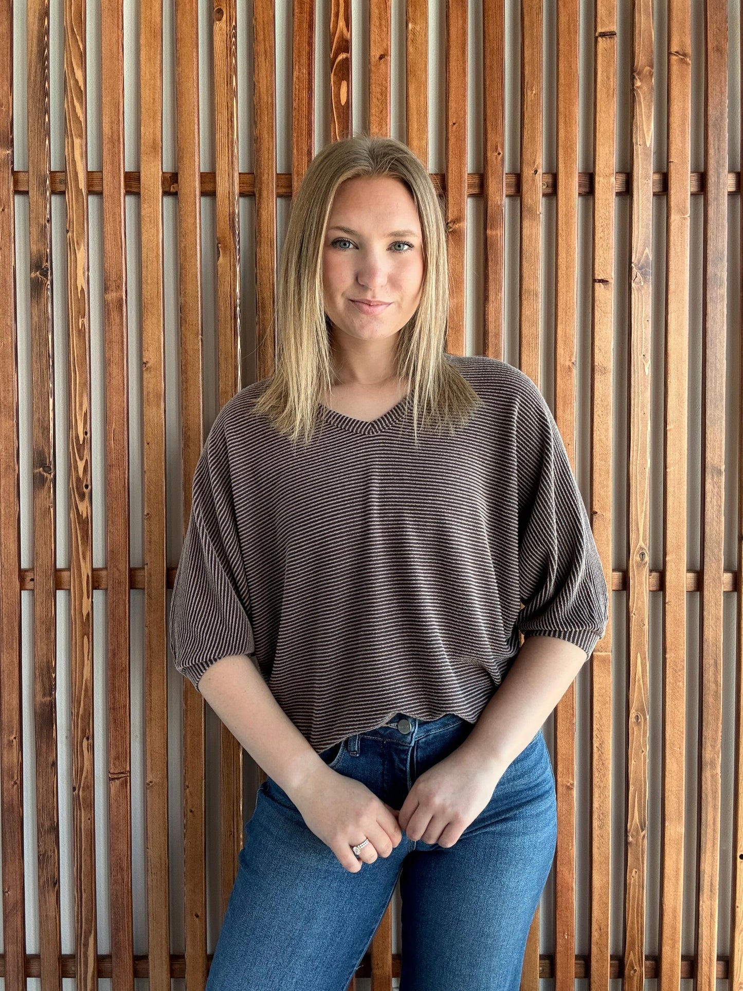 Ribbed Puffy Sleeve Top - Brown