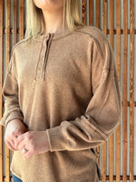 Ribbed Hacci Melange Henley Sweater - Deep Camel