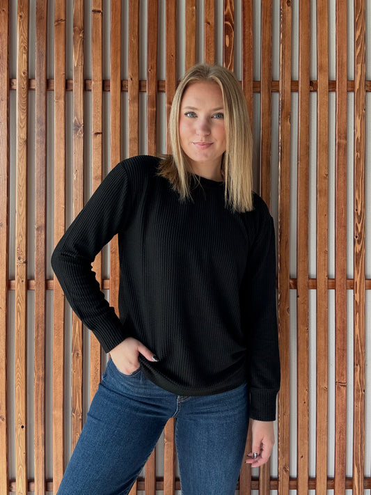 Ribbed Round Neck Long Sleeve - Black