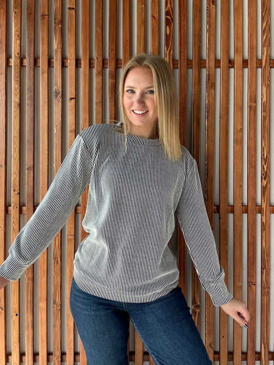 Ribbed Round Neck Long Sleeve - Black/White