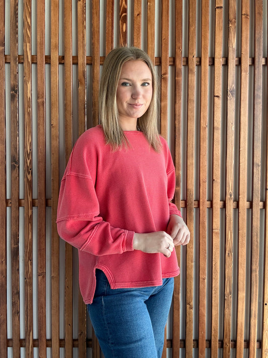 Ribbed Raw Seam Details Long Sleeve - Red
