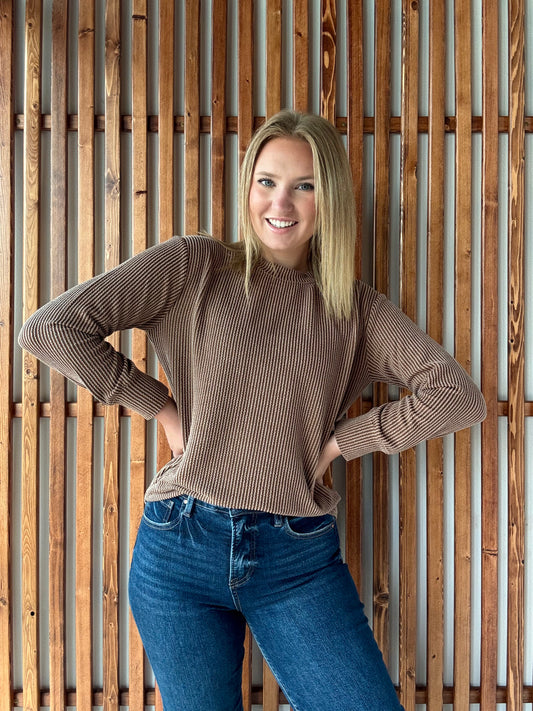 Ribbed Round Neck Long Sleeve - Brown