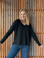 Ribbed Hi-Low V-Neck Long Sleeve - Black