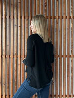 Ribbed Hi-Low V-Neck Long Sleeve - Black