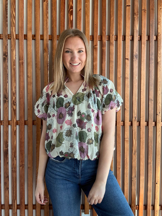 Floral Puff Sleeve V-Neck Blouse - Ivory