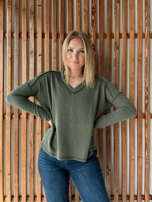 Ribbed Hi-Low V-Neck Long Sleeve - Dark Olive