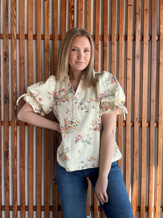 Floral Denim Puff Short Sleeve Top - Cream
