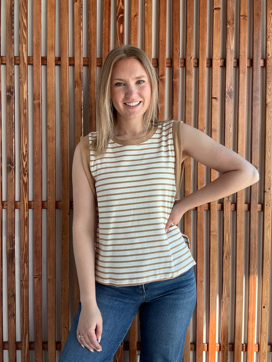 Sleeveless Rib Detail Striped Top - Taupe