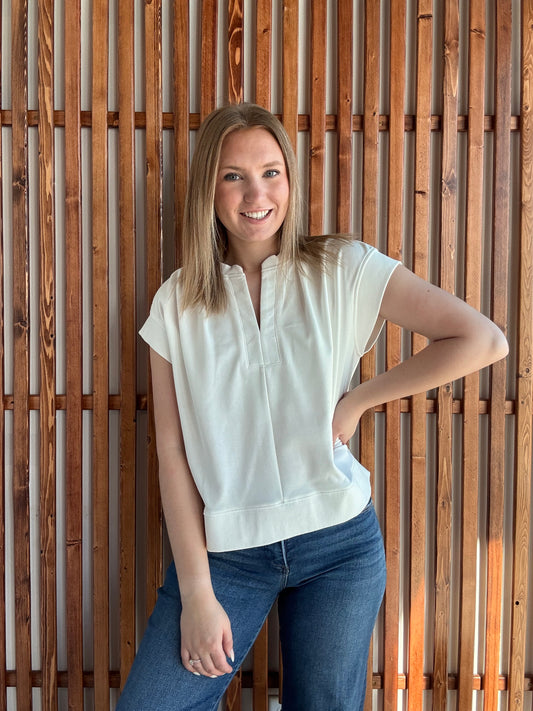 Pleated Shoulder V-Neck Cap Sleeve Top - Off White